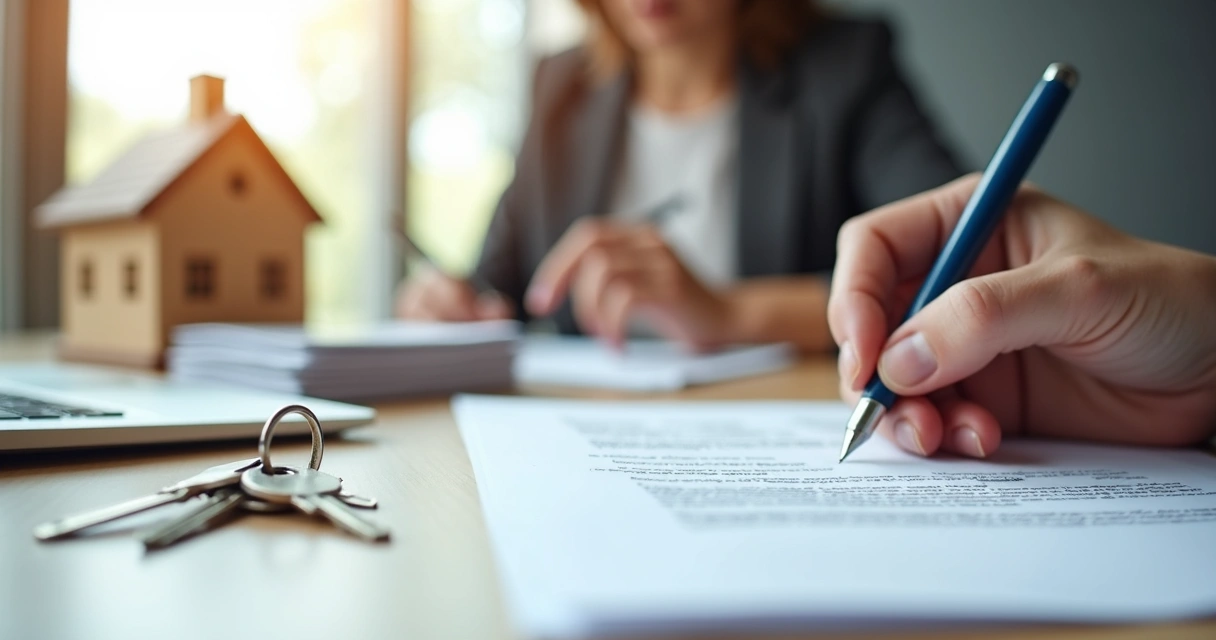Homebuyer signing closing documents with house keys on table