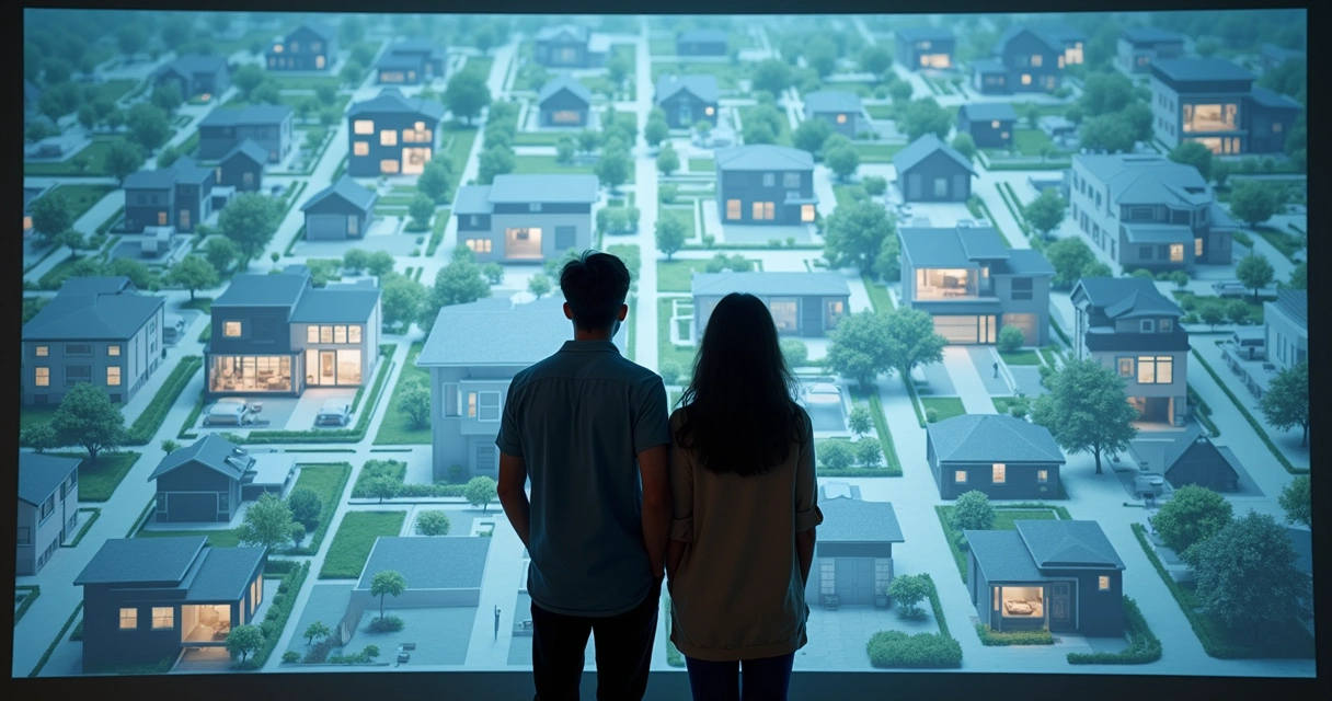 Couple looking at house options in front of city map 