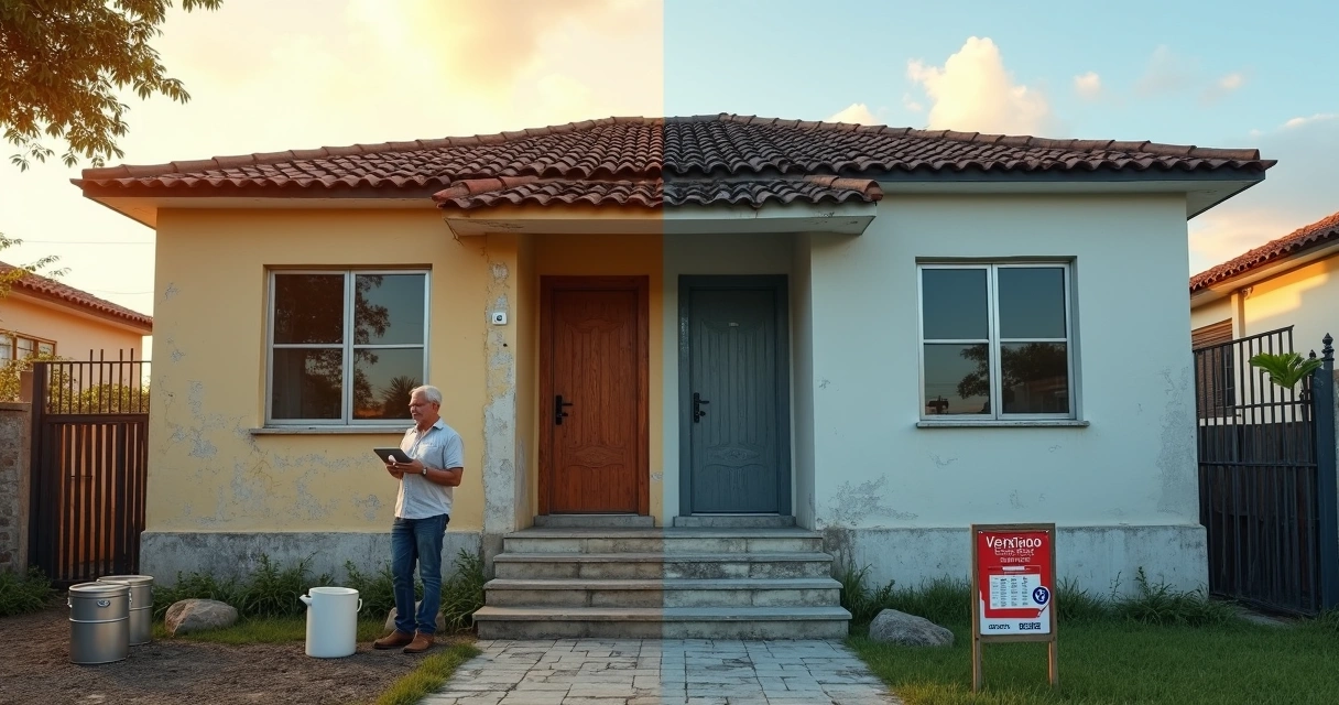 Corretor analisando reforma em casa à venda com placa de vendido 