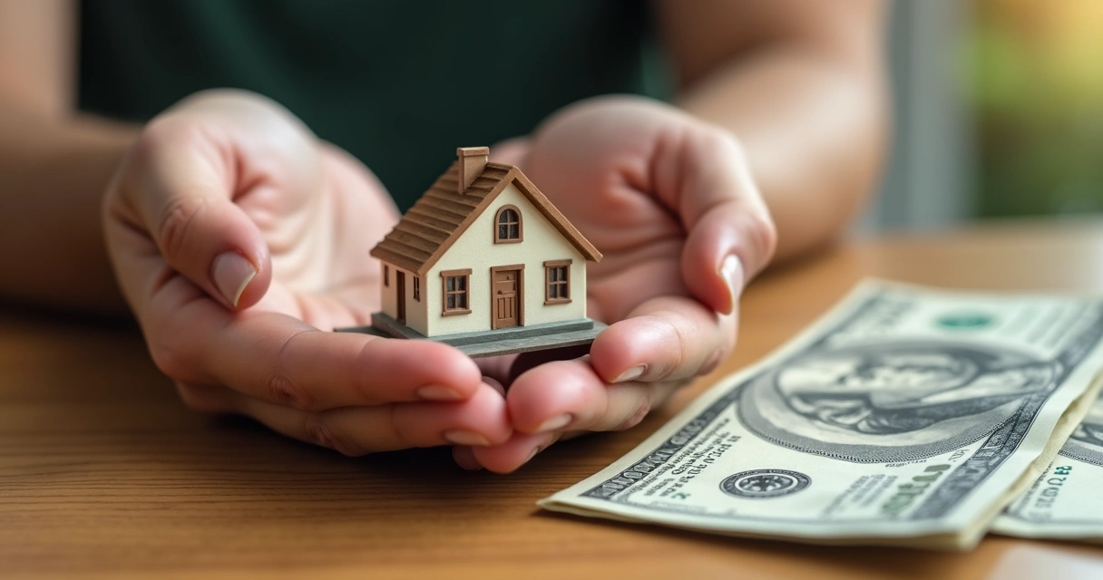 Hands holding miniature house and dollar bills 