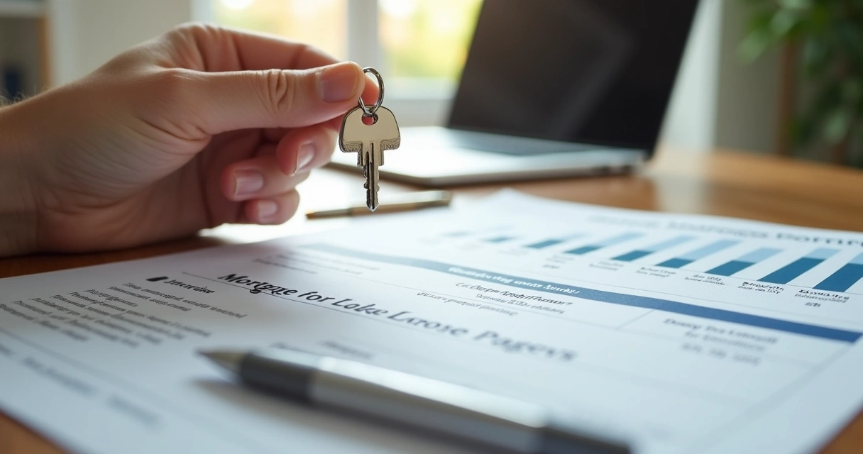 Close-up of a hand holding a house key over mortgage documents on a wooden table 