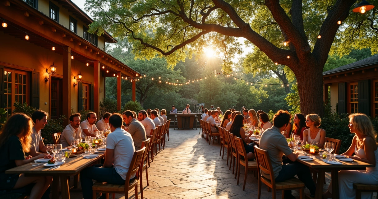 Outdoor wine bar patio at dusk with string lights and guests relaxing 