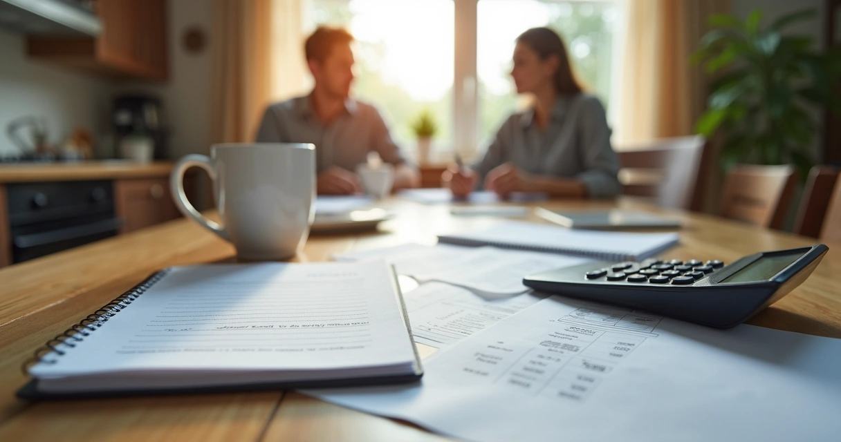 Household bills, notepad, and calculator on a table