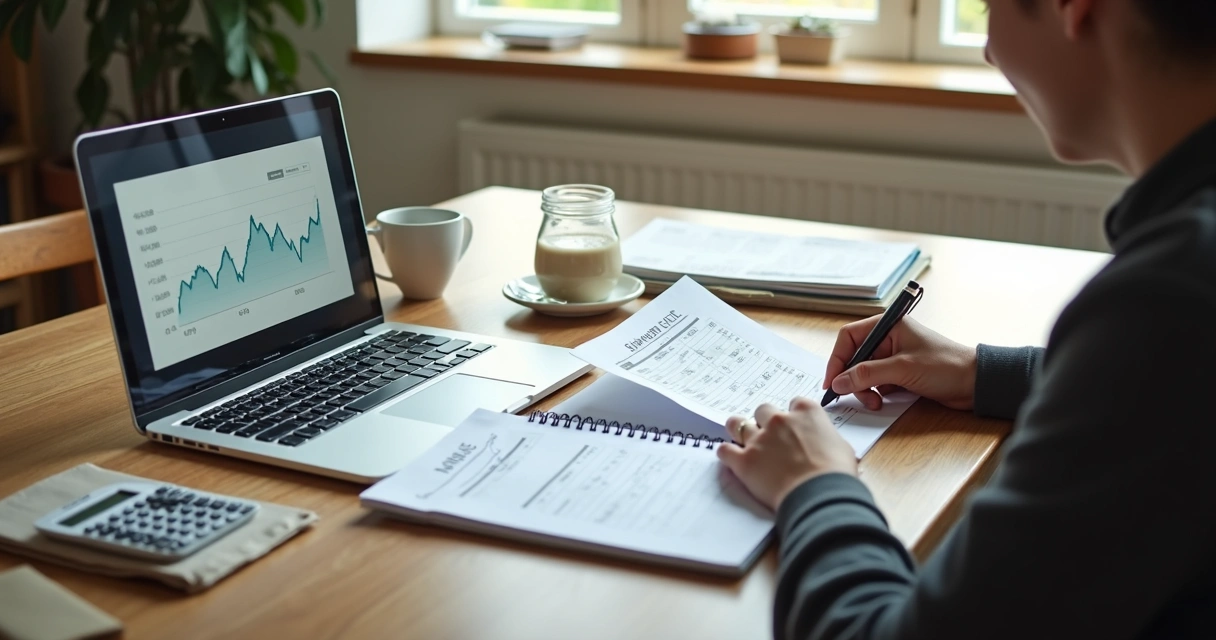 Person reviewing bills and savings at a kitchen table 