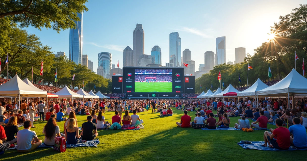 Outdoor fan zone with people watching football on a big screen in Houston