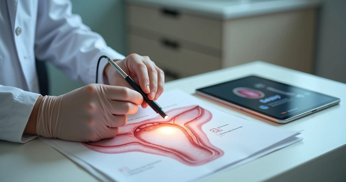 Médico segurando aparelho de anuscopia sobre ilustração anatômica do ânus e reto 