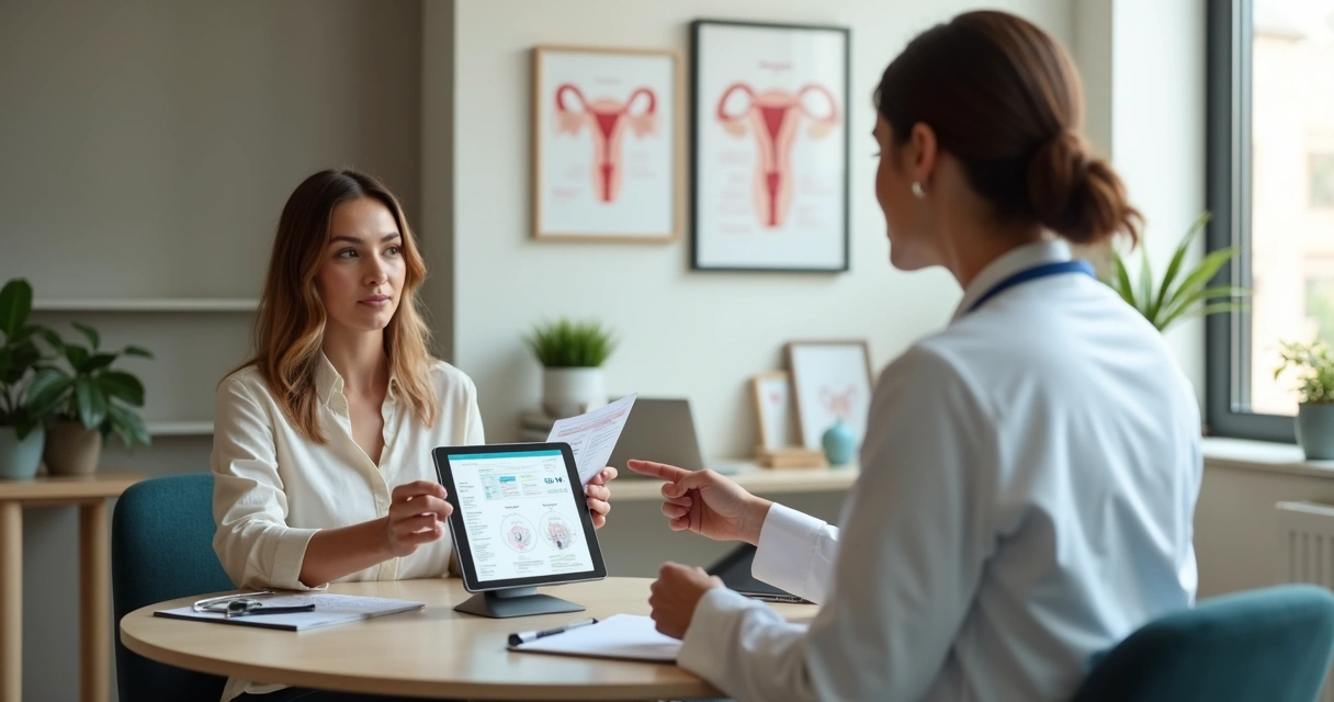Ginecologista explicando resultado de exame de HPV para paciente em consultório moderno 