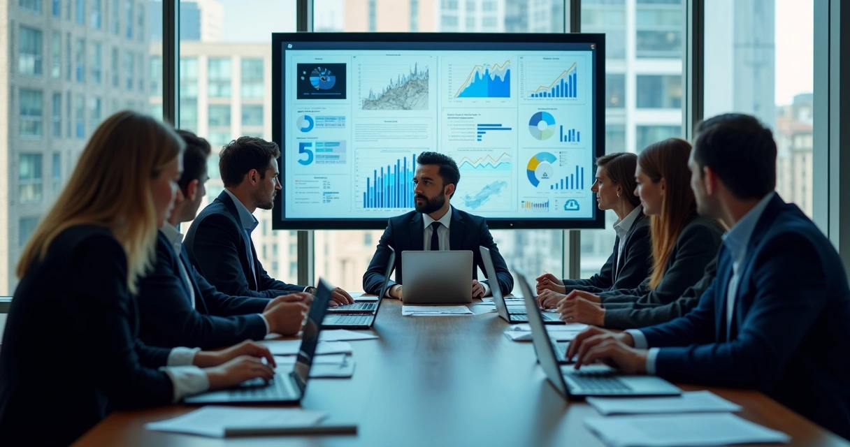 HR leaders discussing data security in a meeting room with digital screens 