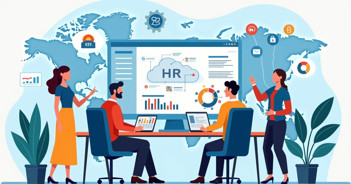 Diverse team implementing HR technology with cloud systems 