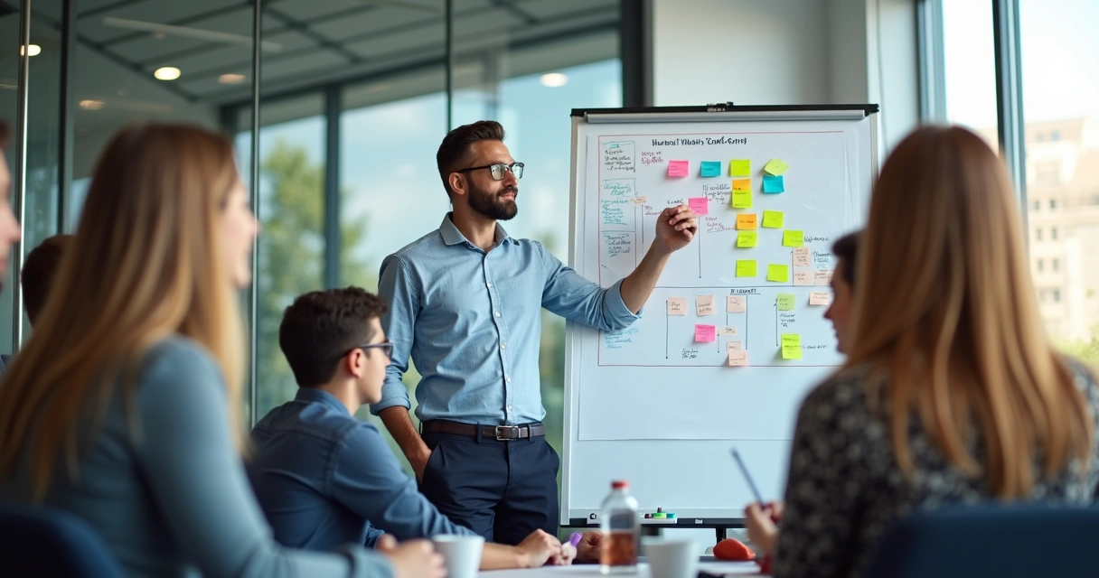 HR manager using a whiteboard with a human valuation matrix 