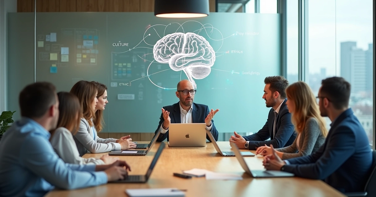 HR leader guiding a diverse team in a mindful strategy meeting 