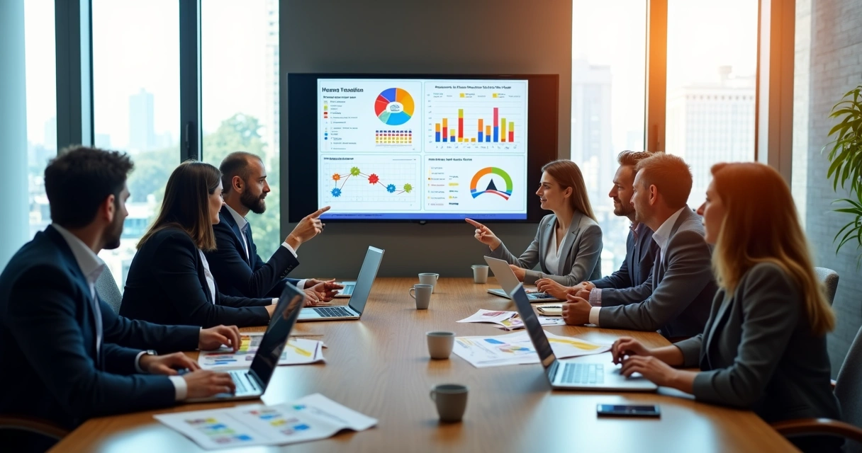 Diverse HR team in a modern office analyzing human valuation data on a large screen 