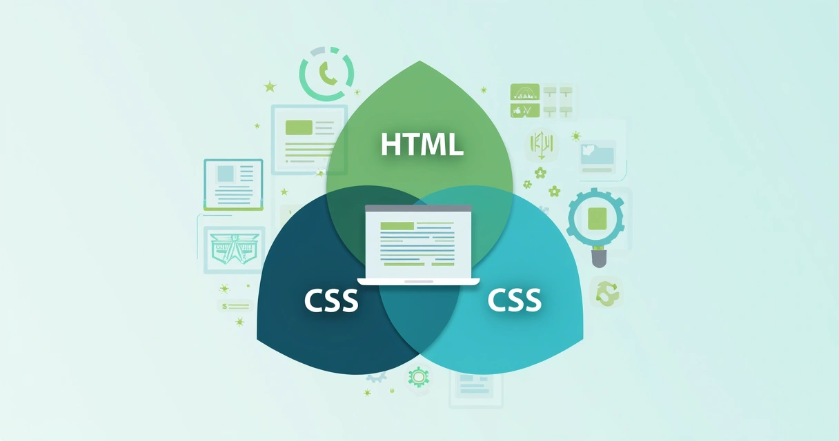 Representação gráfica mostrando HTML, CSS e JavaScript conectados em uma interface web