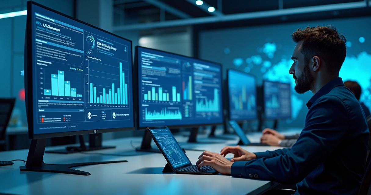 Visão realista de um centro financeiro digital com múltiplas telas mostrando transações e gráficos financeiros organizados 