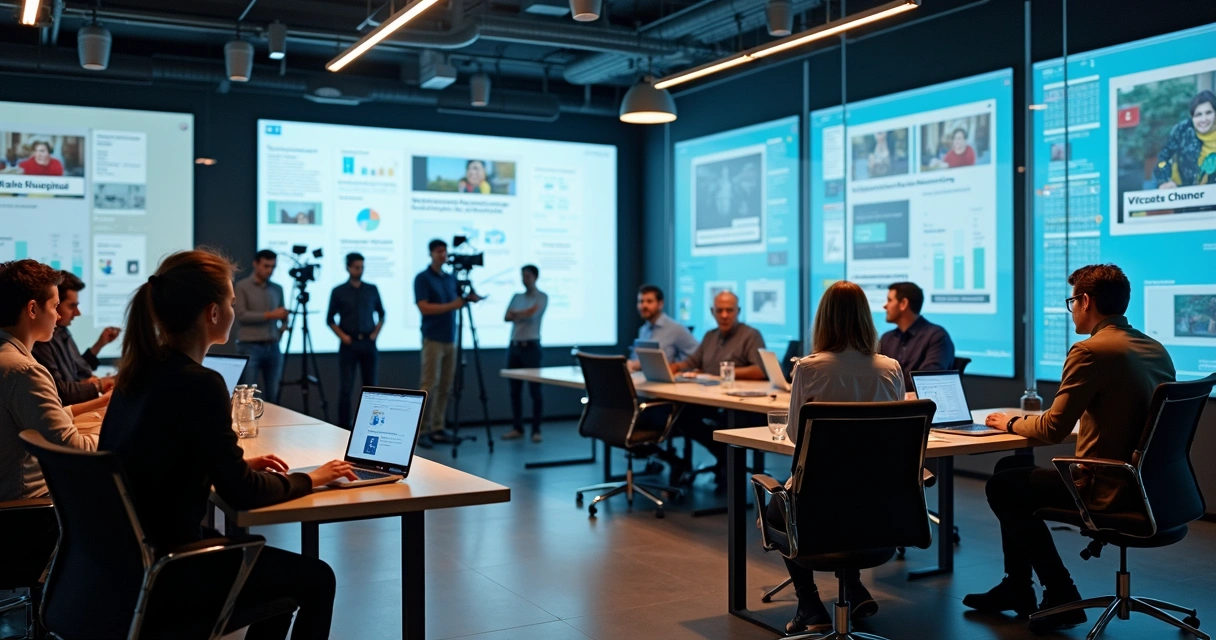 Ambiente de hub de conhecimento corporativo com telas interativas e gravação de conteúdo 