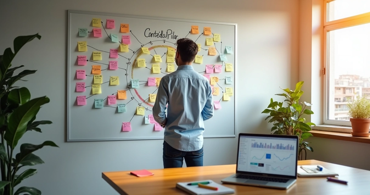 Empresário organizando mapa visual de conteúdos em quadro branco gigante 