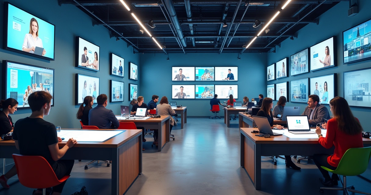 Ambiente de hub de aprendizagem com estúdios e conteúdo digital 