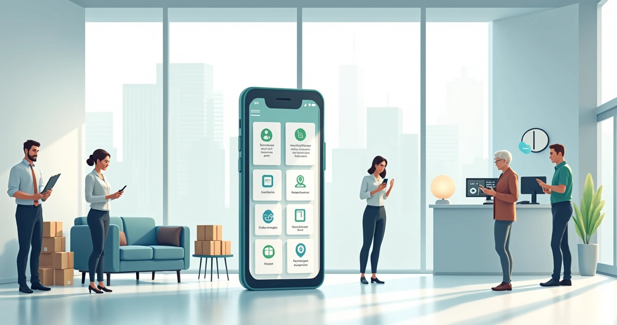 Ilustração de moradores e síndico ao redor de um grande smartphone com gestão digital de condomínio 