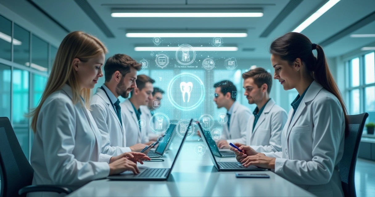 Hub digital com profissionais de odontologia interagindo em dispositivos 
