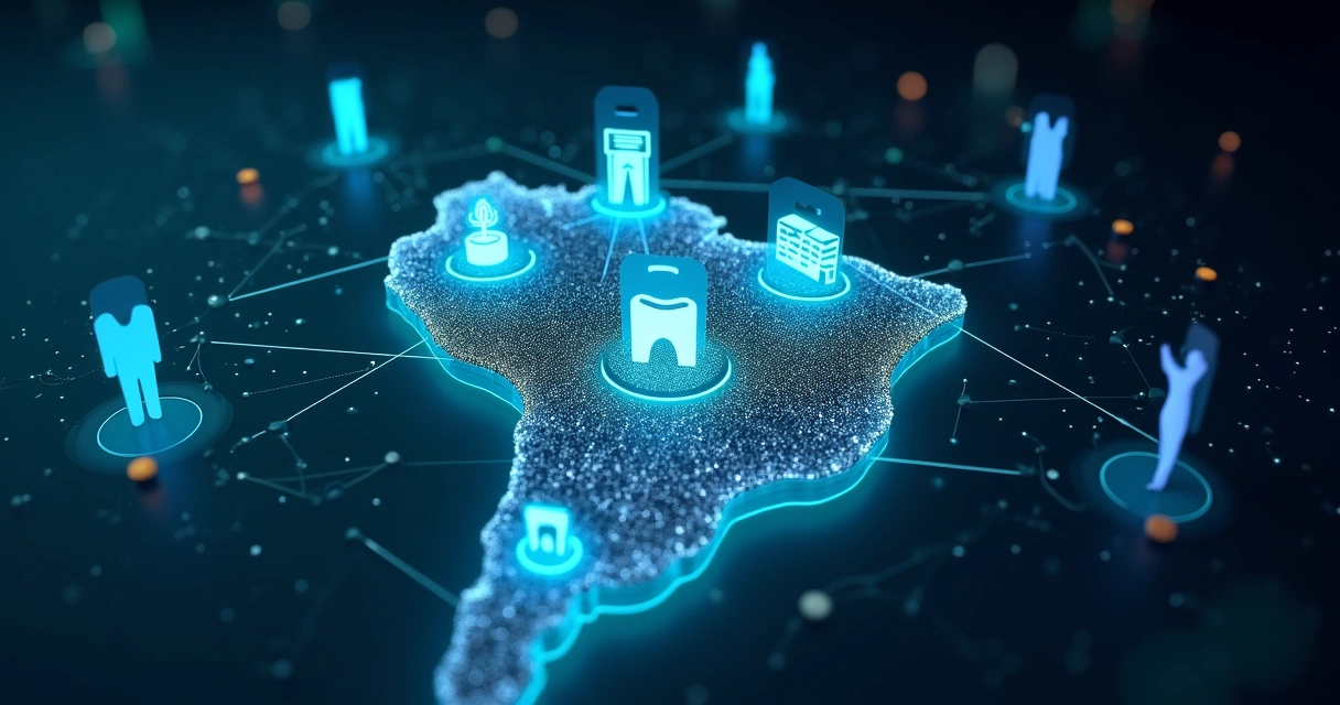 Mapa do Brasil com ícones de odontologia conectados por linhas digitais 