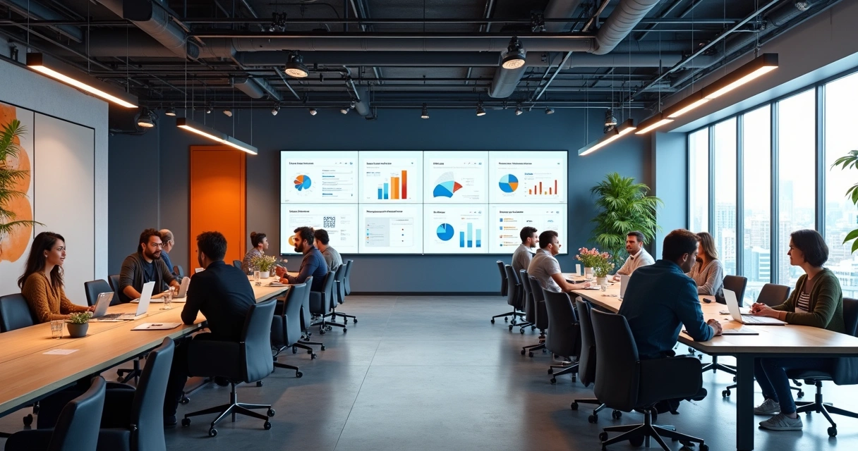 Espaço de hub de inovação com equipes de diferentes empresas reunidas 