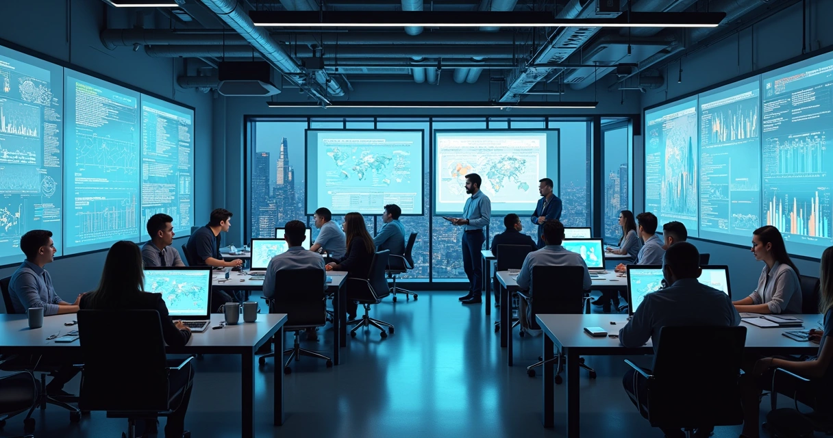 Laboratório moderno com várias telas de computador exibindo códigos de IA e gráficos de desempenho 