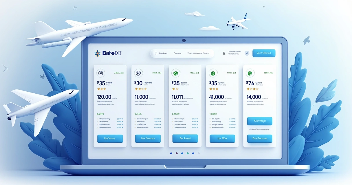 Interface de plataforma de viagens mostrando diferentes ofertas seguras em passagens com indicadores confiáveis em destaque