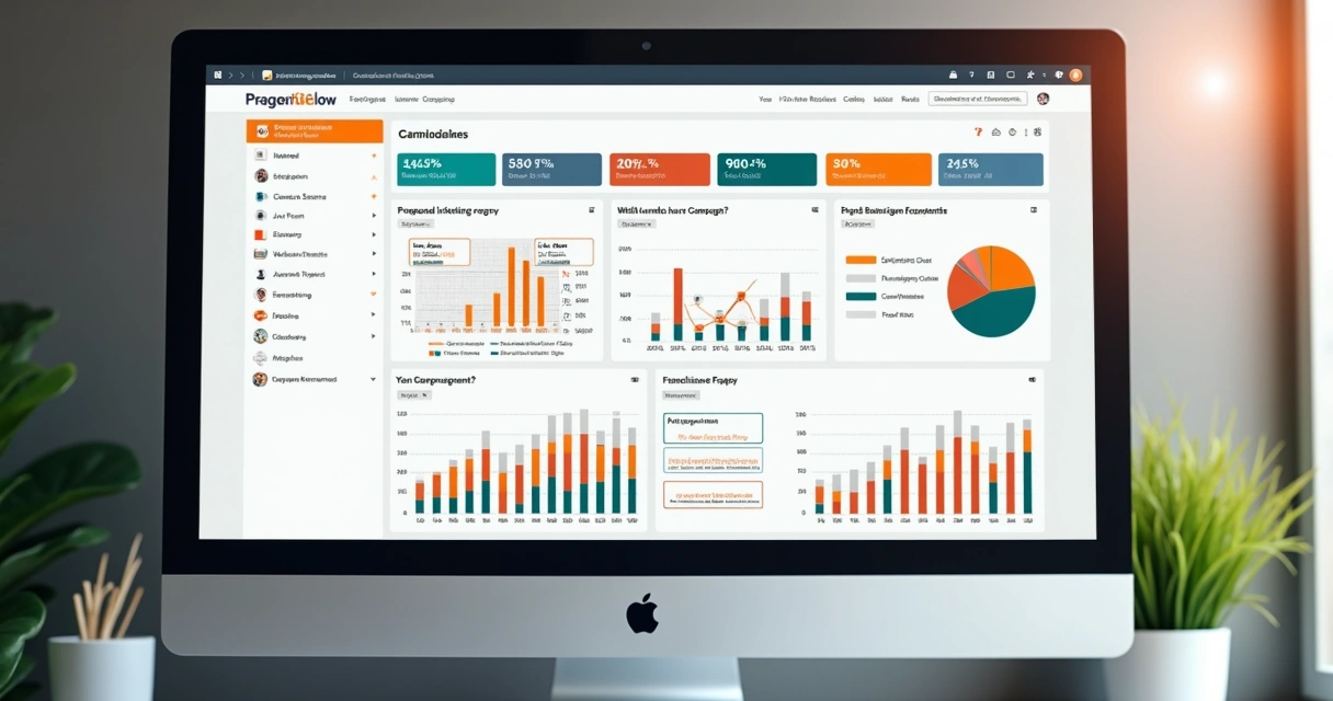 Interface moderna de uma plataforma com painel de controle central de marketing e unidades conectadas 