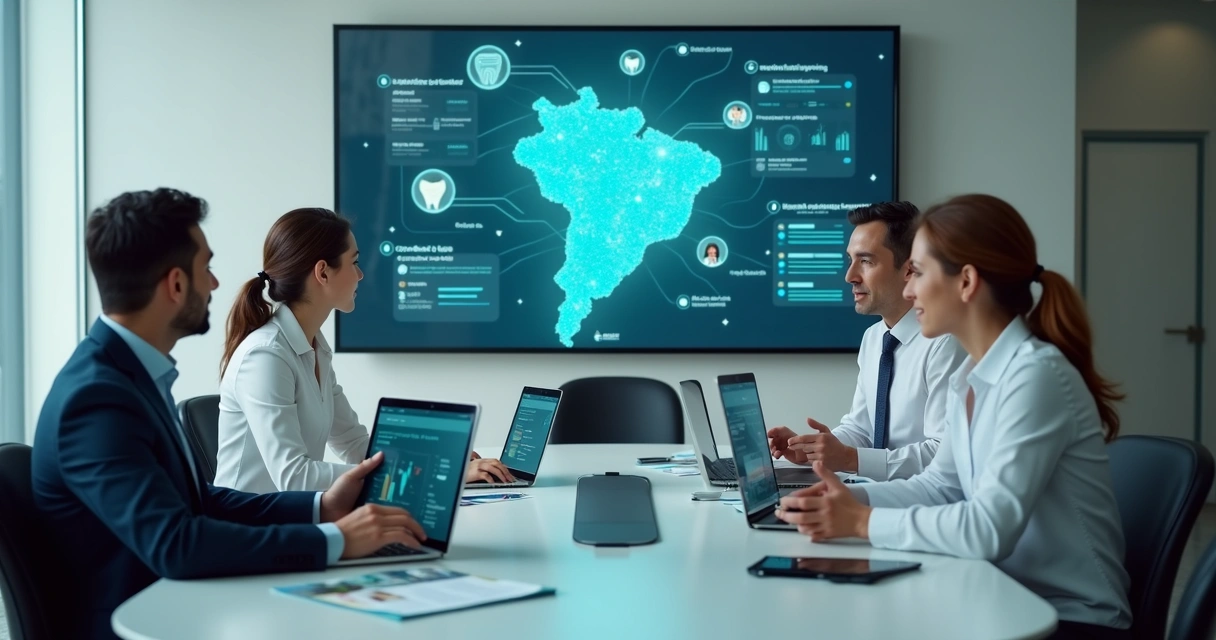 Mesa de reunião com representantes de fornecedores odontológicos e gestores de clínicas em videoconferência B2B 