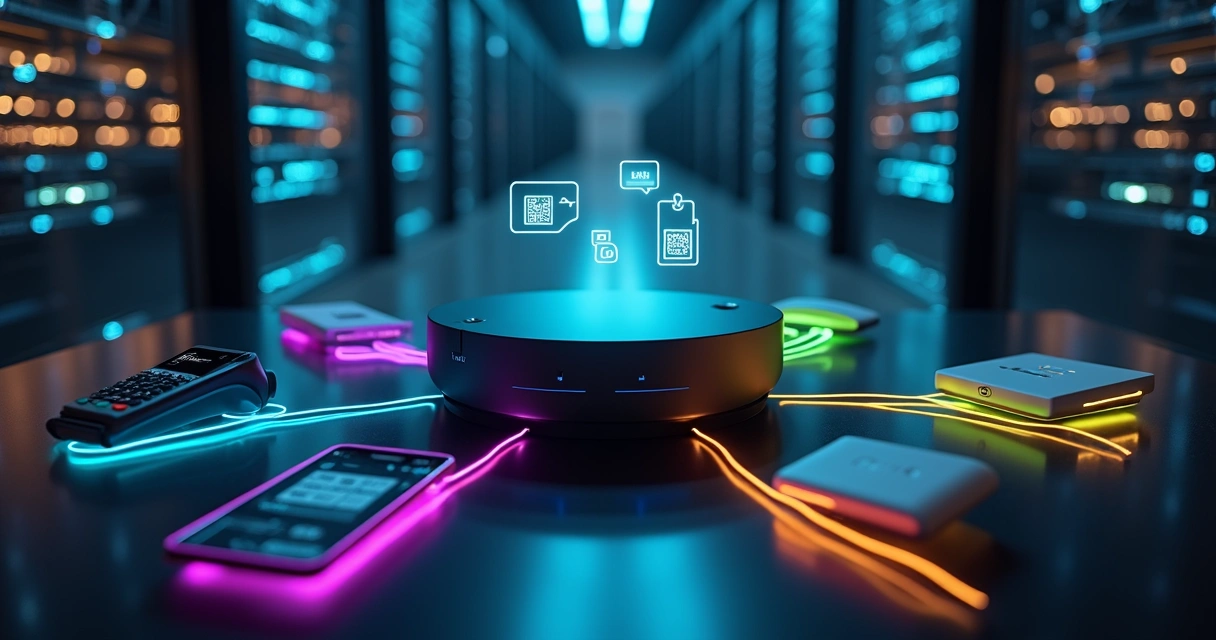 Hub digital representando ecossistema de pagamentos com cartões e Pix 