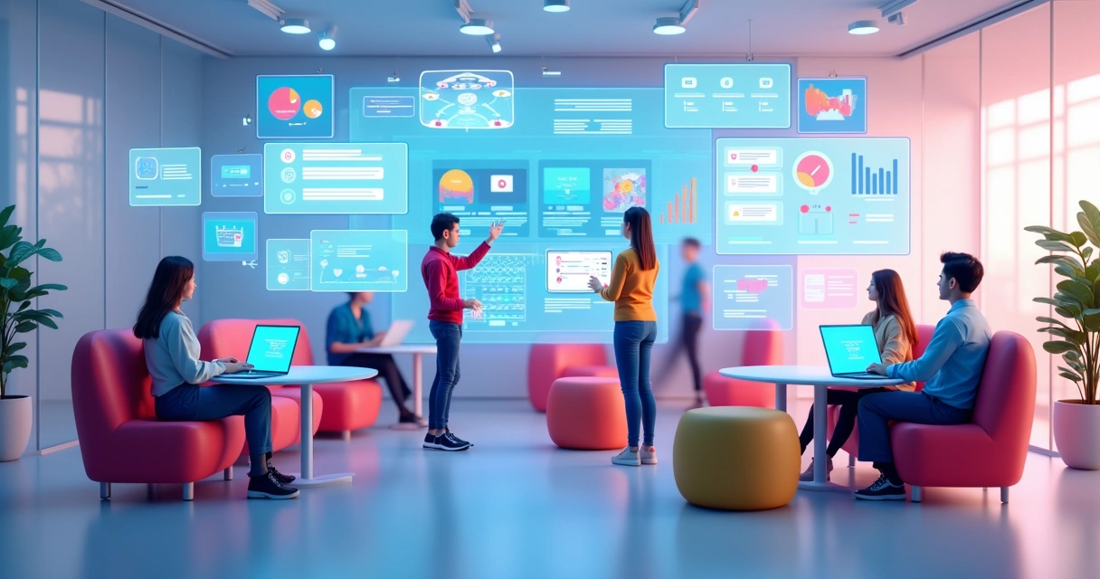 7 Exemplos de Escritórios que Escalaram com Parcerias Vista de um hub tecnológico com equipe multitarefa e painéis digitais