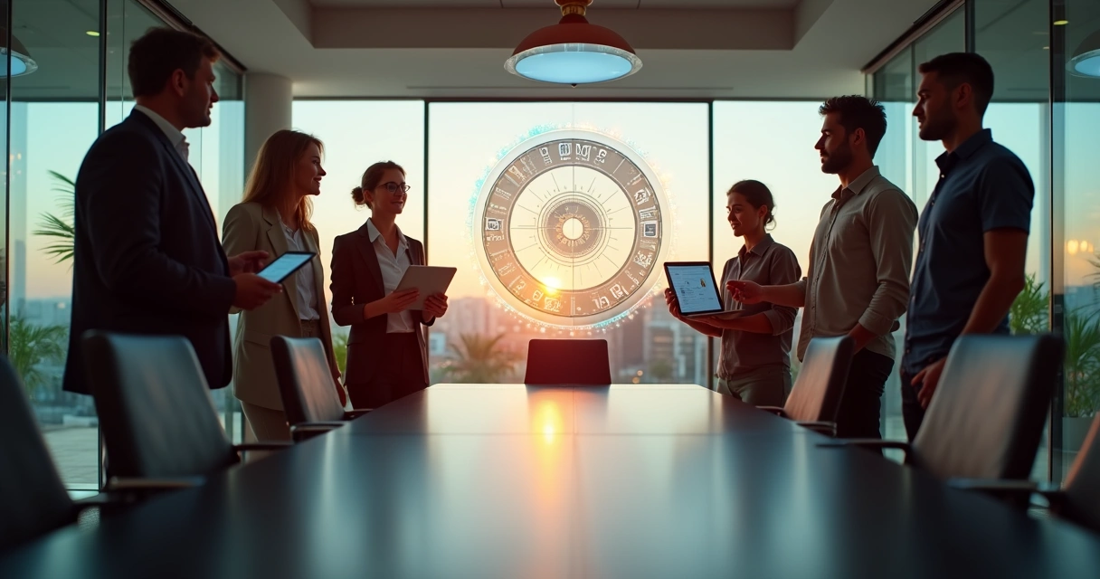 Equipe observando holograma em forma de flywheel conectando CRM marketing e vendas 