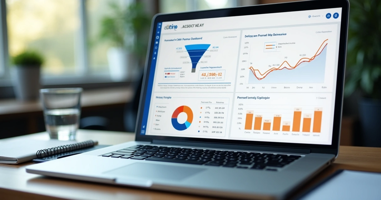 Laptop displaying an automated CRM revenue dashboard with charts and filters