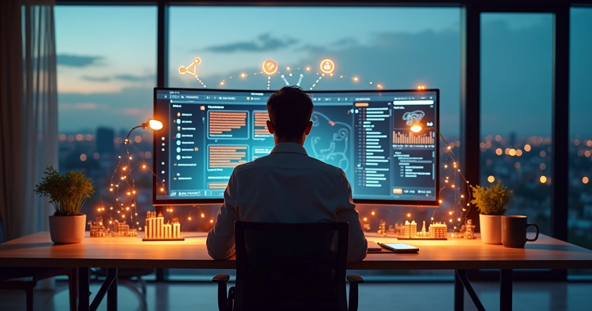 Professional analyzing CRM dashboard with digital sales flows around