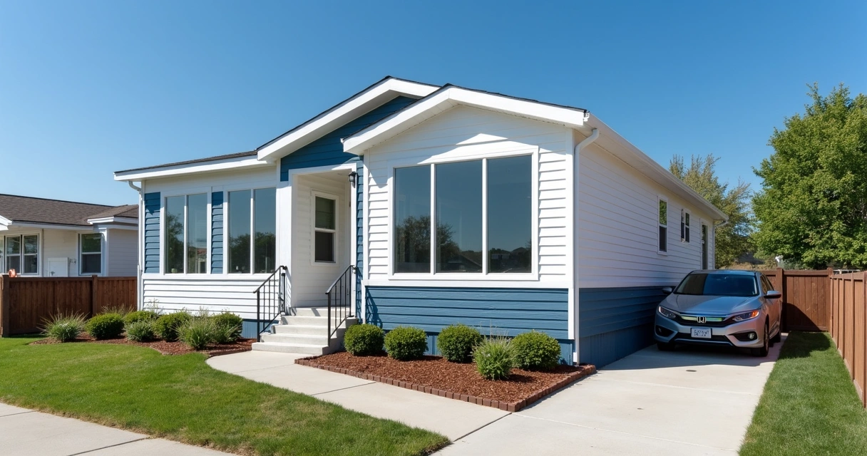 Modern manufactured home with HUD code plate and permanent foundation 