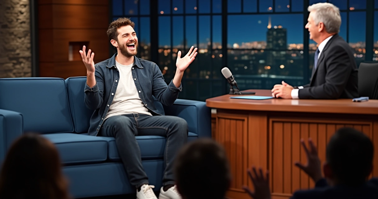 Ator em sofá de talk show rindo e gesticulando em estúdio noturno 