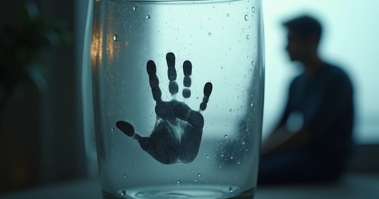 Huella de una mano sobre un vidrio empanado, con silueta de una persona pensativa de fondo