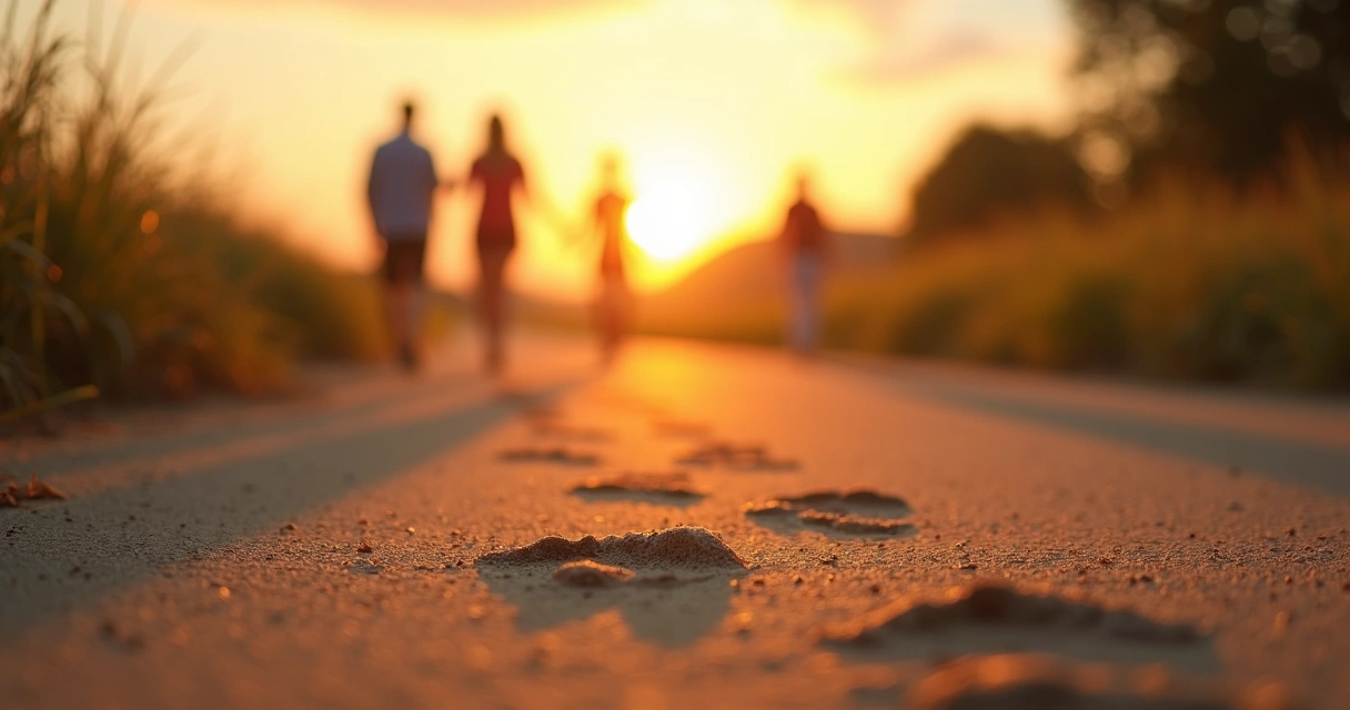 Camino peatonal con huellas de pasos y siluetas de personas avanzando al fondo