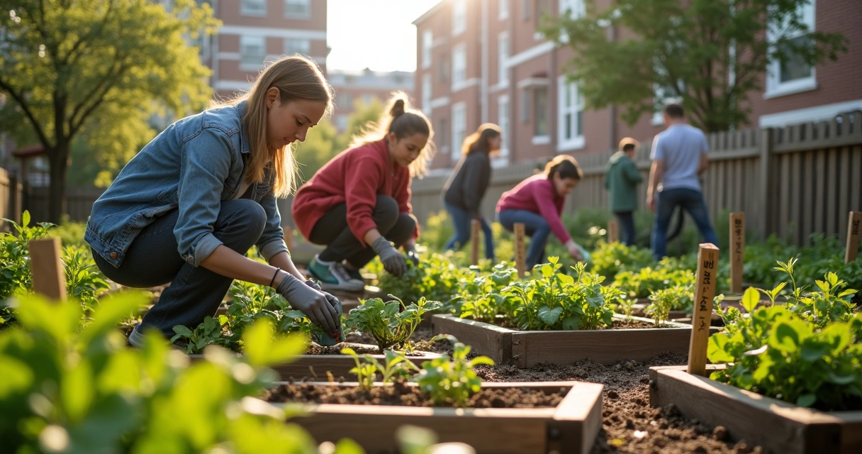 Huerto comunitario con vecinos trabajando en camas de cultivo