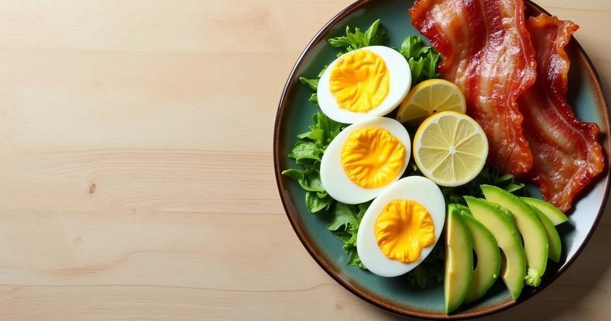 Huevos hervidos con aguacate y tocino en un plato