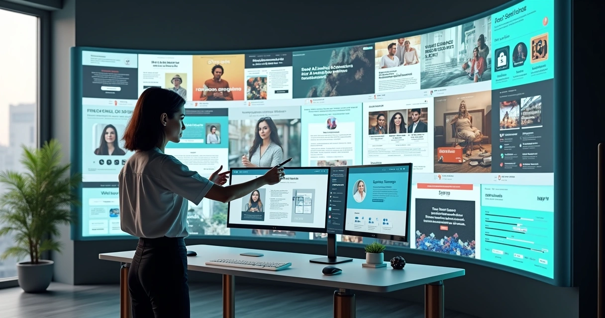 Profissional aponta para parede digital com vários layouts de blogs profissionais em 2026 