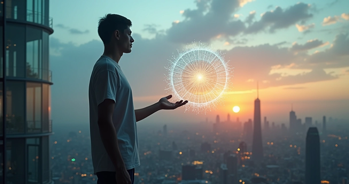 Human silhouette touching a glowing AI network over a city at dusk 