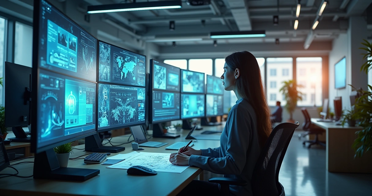 Marketer and AI assistant collaborating over ad designs in modern workspace