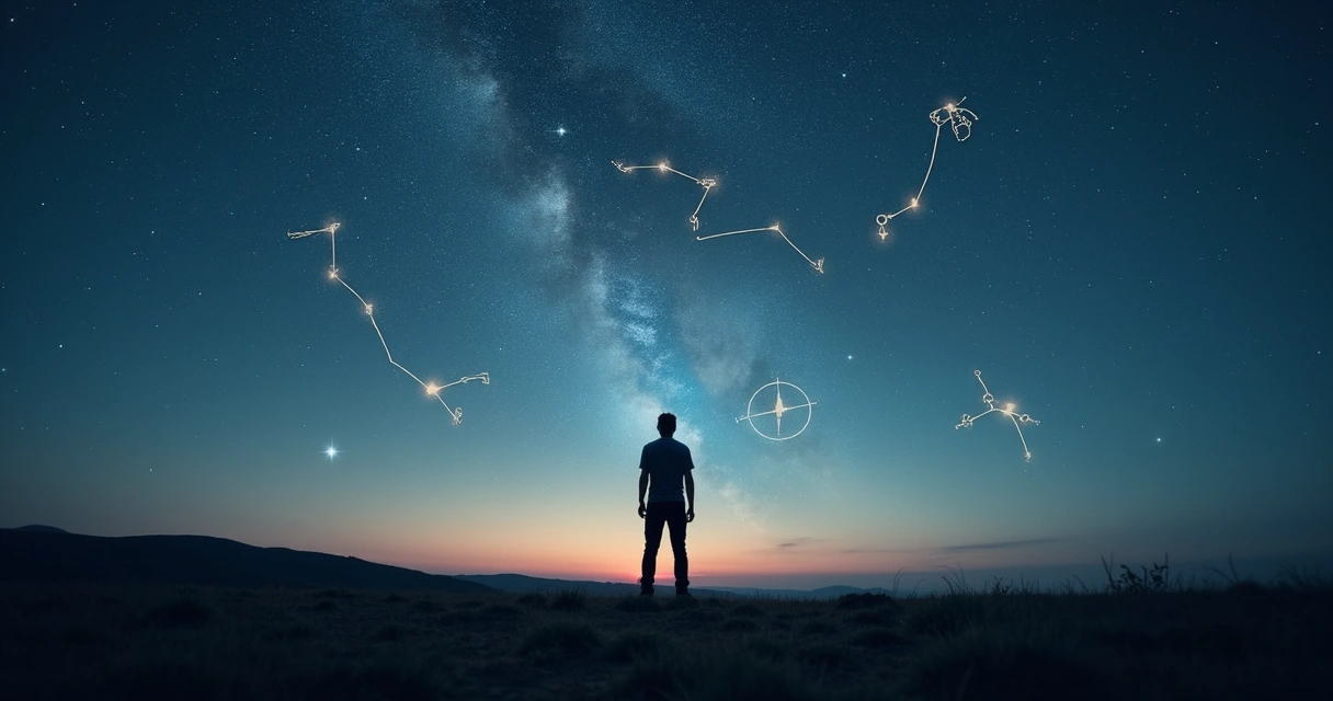 Person on hilltop under night sky with symbolic constellations forming human archetypes 