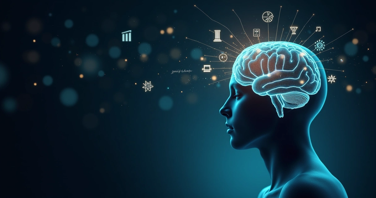 Human silhouette with luminous brain network connecting symbols of science and philosophy 