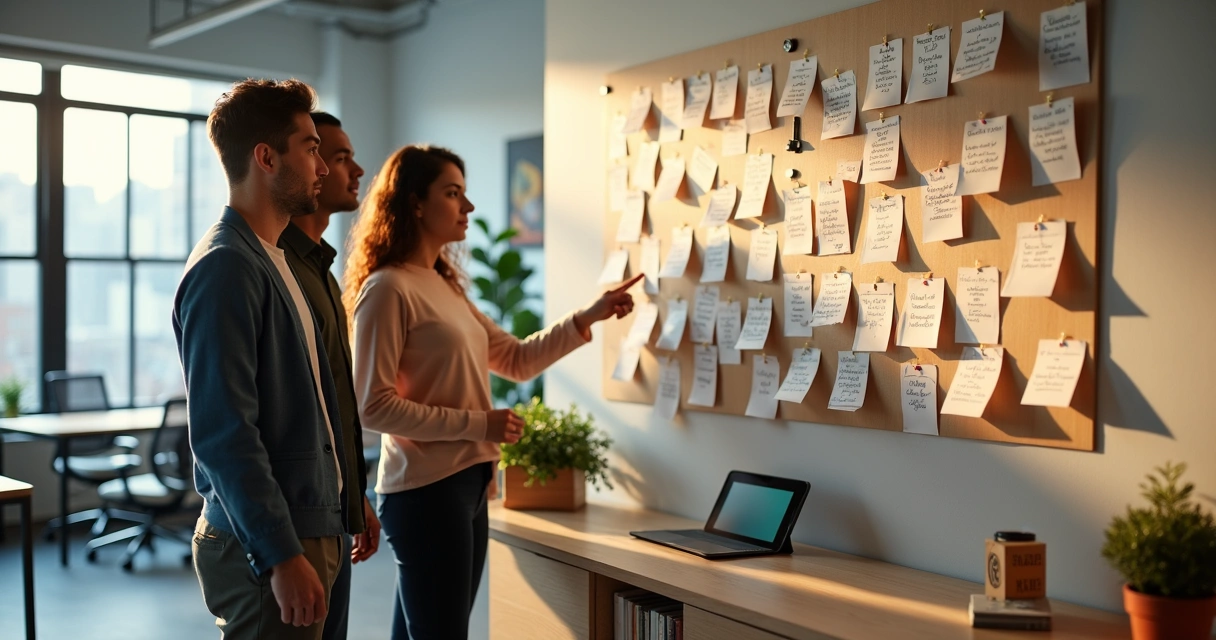 Colleagues viewing a wall of purpose-focused recognition cards in a modern office 