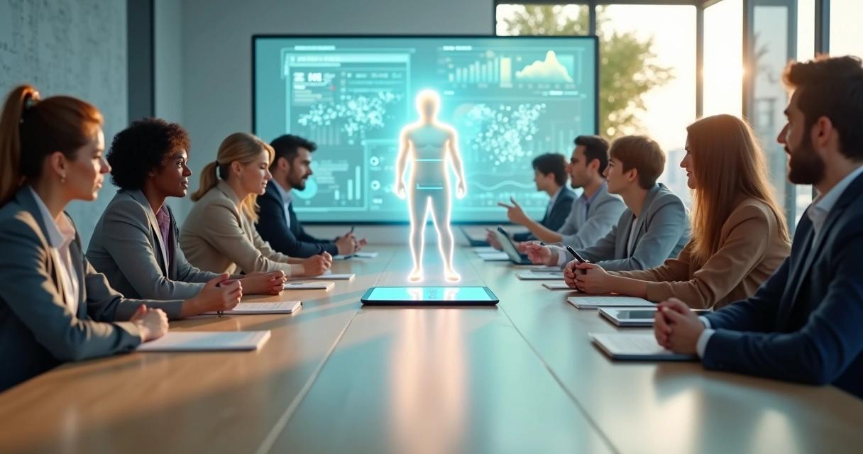Diverse group around glowing human-shaped icon at the center of a data dashboard 