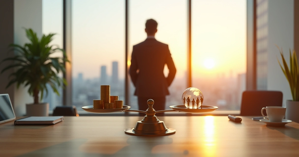 Office worker observing a balance scale with money on one side and people icons on the other 