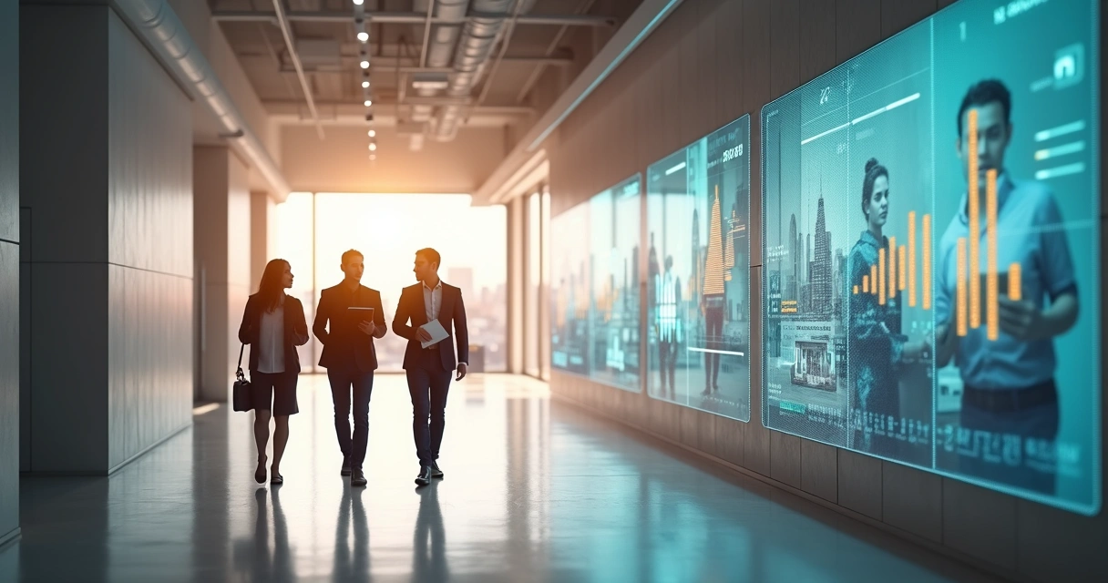 Recruiter team walking through open panels revealing candidates and impact scenes 