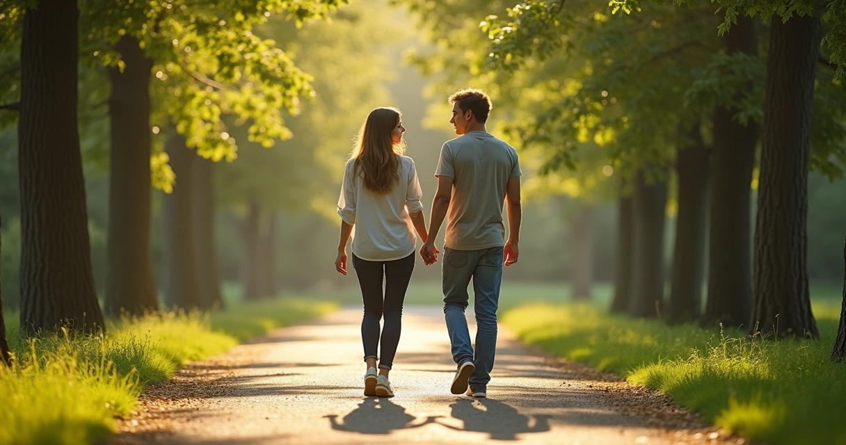 Two people walking and talking, surrounded by nature, calm atmosphere 